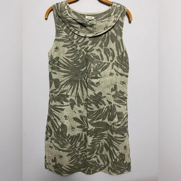 Lina Tomei Dresses | Lina Tomei Khaki/Olive Green 100% Linen Dress with Leaves Print | Color: Green/Tan | Size: M | Pm-40408200's Closet